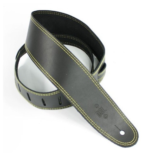 DSL Leather 2.5" Guitar Strap, Black with Yellow Stitching