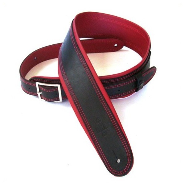 DSL Rolled Edge Leather Guitar Strap with Buckle 2.5", Black and Red