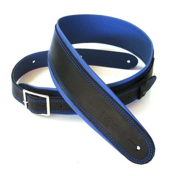 DSL Rolled Edge Leather Guitar Strap 2.5", Black and Blue
