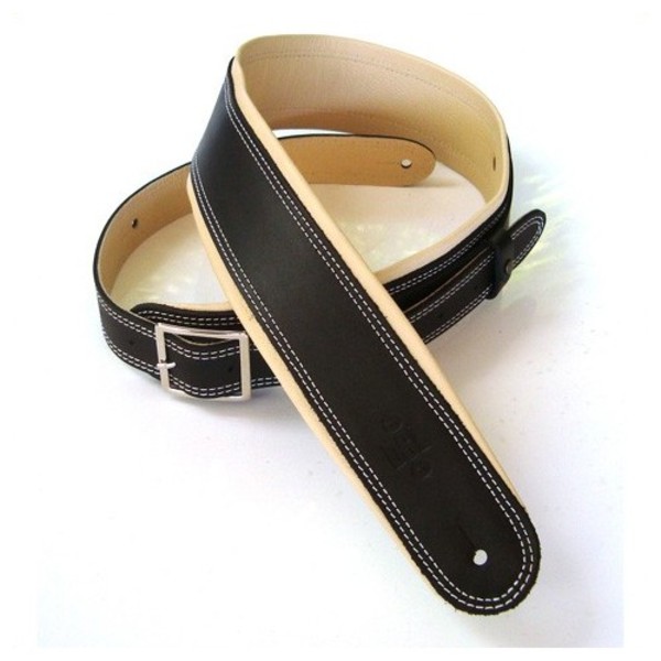 DSL Rolled Edge Leather Guitar Strap 2.5", Black and Beige