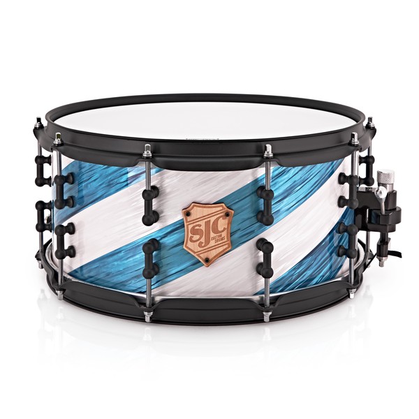 SJC Drums 14 x 6.5 Custom Snare Drum, Blue & White Barber w/ Black HW