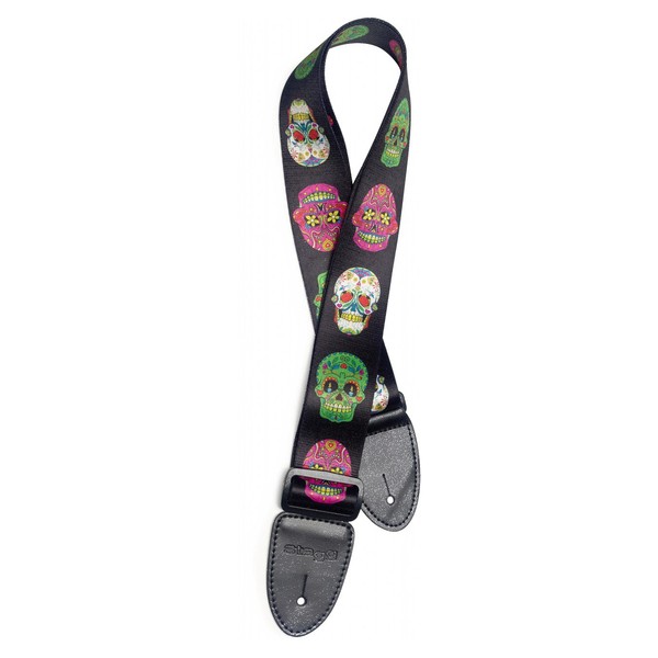 Stagg Terylene Guitar Strap Red White Pink Mexican Skull