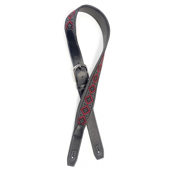 Black Leather Style Guitar Strap Black Red Woven Square