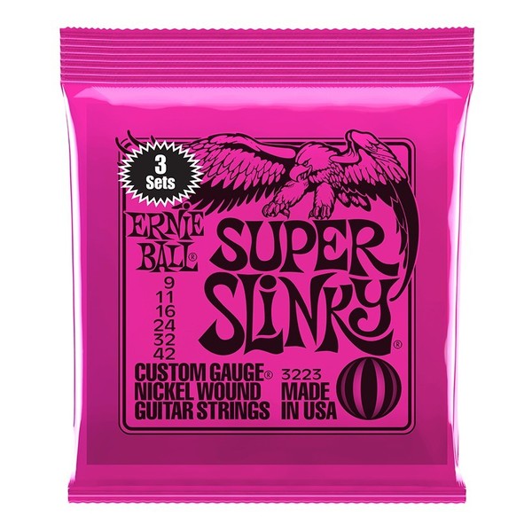 Ernie Ball Super Slinky Electric Guitar Strings, 3 Pack (9 - 42) front of pack