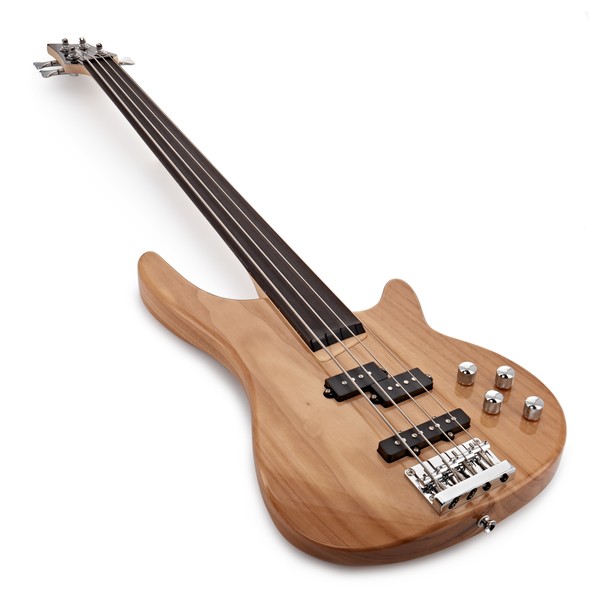 Chicago Fretless Bass Guitar + 15w Amp Pack by Gear4music, Natural angled