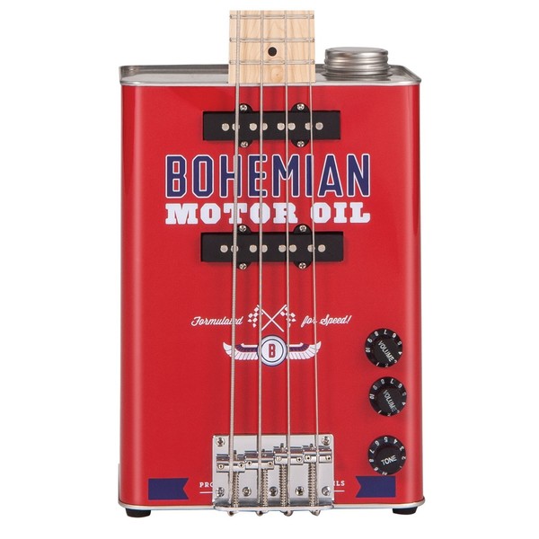 Bohemian Oil Can Bass Guitar, Motor Oil Front view close up