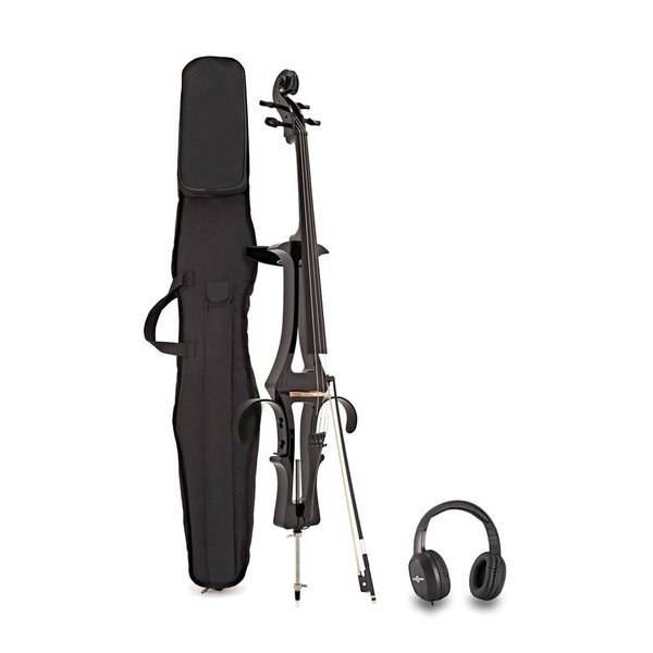 4/4 Size Electric Cello by Gear4music, Black w/ Headphones