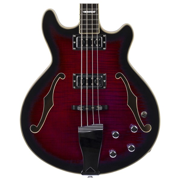 Chowny CHB-1 Semi-Hollow Bass, Red Wine Burst front close up