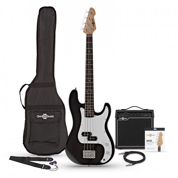 LA Short Scale Bass Guitar + 15W Amp Pack, Black bundle