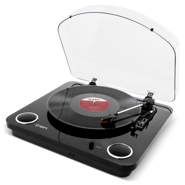 ION Max LP USB Turntable with Integrated Speakers, Black - Angled