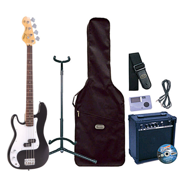 Encore E4 Bass Guitar Left Hand Outfit, Black
