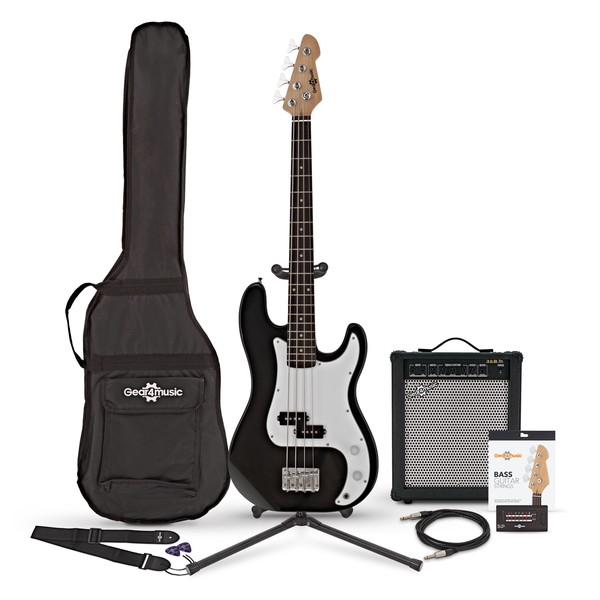 LA Short Scale Bass Guitar + 35W Amp Pack, Black bundle