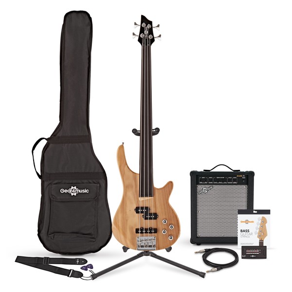 Chicago Fretless Bass Guitar + 35W Amp Pack by Gear4music, Natural bundle