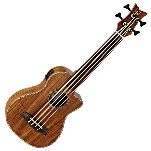 Ortega CAIMAN Fretless Electro Acoustic Bass Ukulele, Satin Acacia Front View