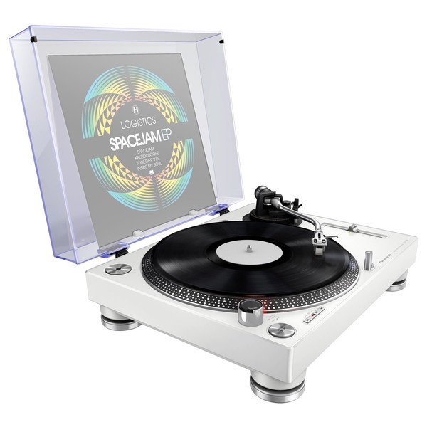 Pioneer PLX-500 Direct Drive Turntable, White - Angled With Dust Cover (Vinyl Not Included)