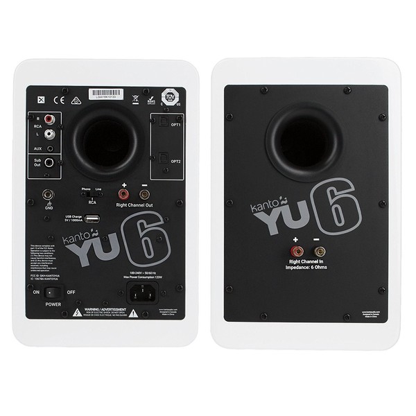 Kanto YU6 Powered Bookshelf Speakers, Matte White - Back
