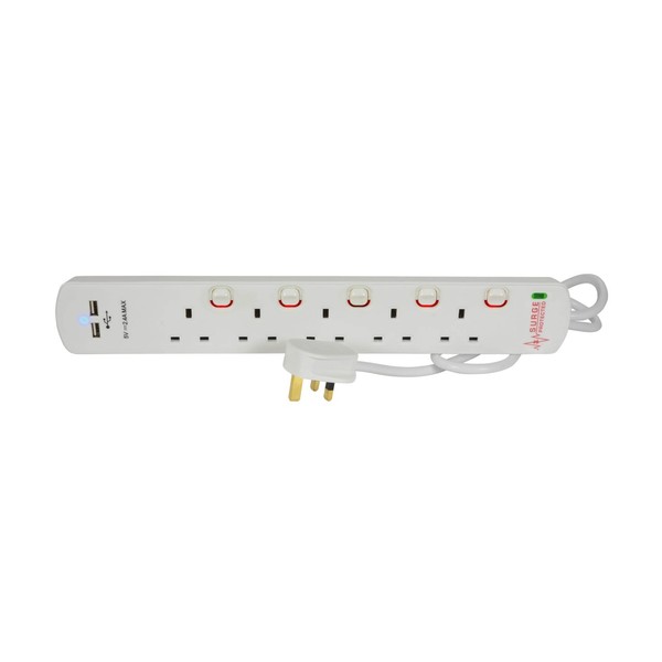 Mercury 5 Gang Extension Lead with USB Ports, 2m