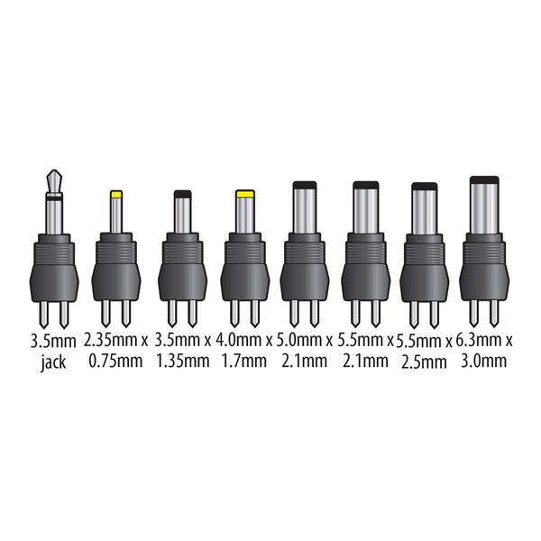 Mercury Eco 2250mA Variable Voltage Universal Power Supply, Included Adaptors