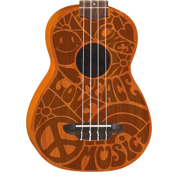 Luna Peace Love Soprano Ukulele, Etched 60s Design