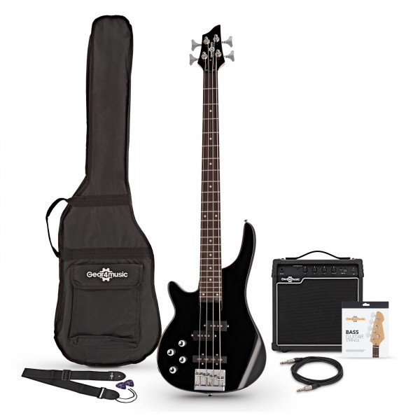 Chicago Left Handed Bass Guitar + 15W Amp Pack, Black  - main