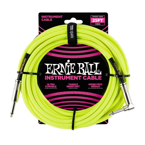 Ernie Ball 25ft Straight-Angle Braided Instrument Cable, Neon Yellow - Main