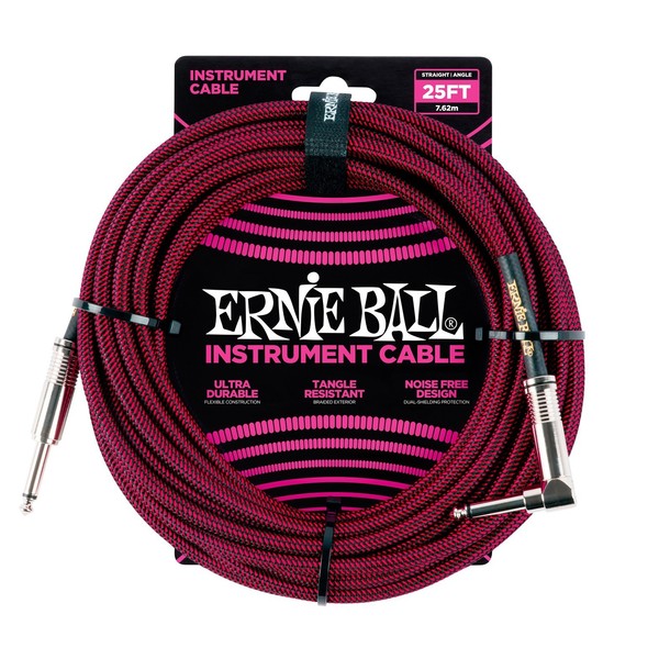 Ernie Ball 25ft Straight-Angle Braided Instrument Cable, Red - Main
