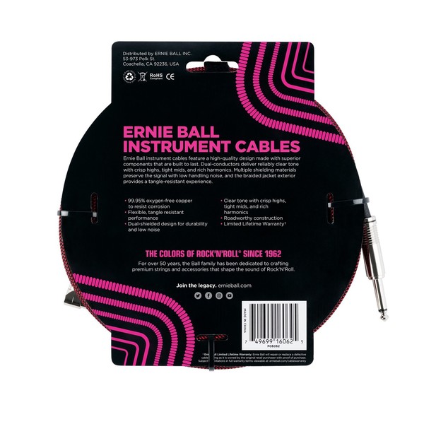 Ernie Ball 25ft Straight-Angle Braided Instrument Cable, Red - Back