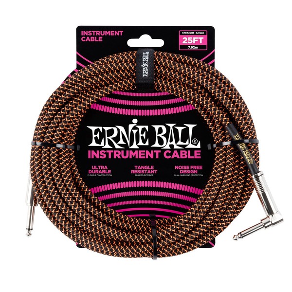 Ernie Ball 25ft Straight-Angle Braided Instrument Cable, Black/Orange - Main