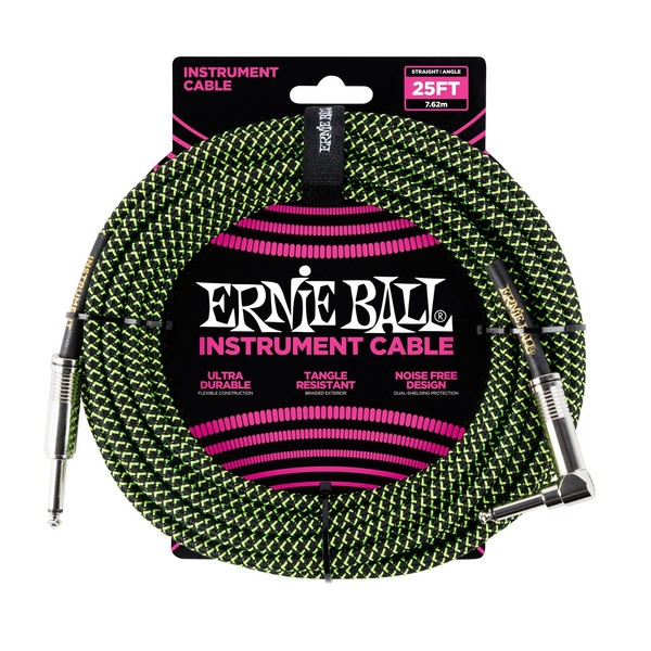 Ernie Ball 25ft Straight-Angle Braided Instrument Cable, Black/Green - Main