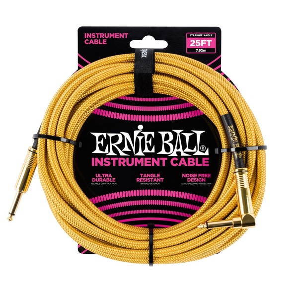 Ernie Ball 25ft Straight-Angle Braided Instrument Cable, Gold - Main