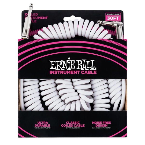 Ernie Ball 30ft Straight-Angle Coiled Instrument Cable, White - Main