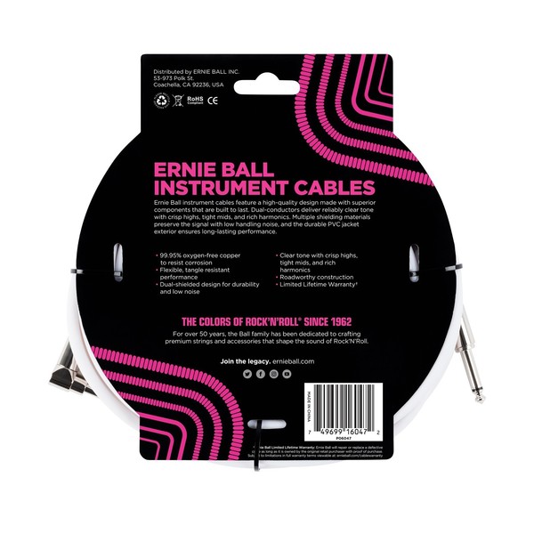 Ernie Ball 20ft Straight-Angle Instrument Cable, White - Back