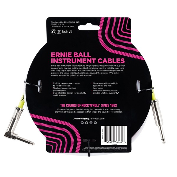 Ernie Ball 10ft Straight-Angle Instrument Cable, White - Back