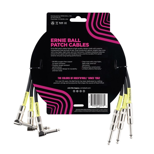 Ernie Ball 1.5ft Straight-Angle Patch Cable 3 Pack, Black - Back