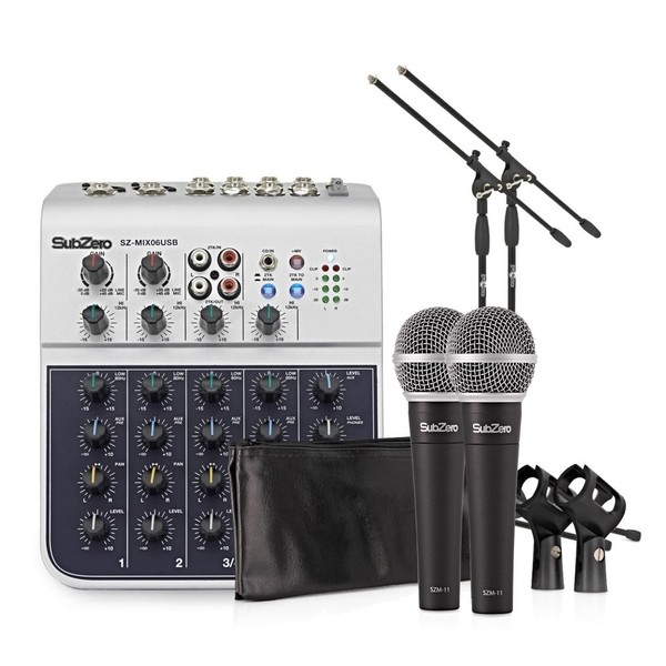 SubZero 6 Channel Mini Mixer and Microphones Bundle by Gear4music