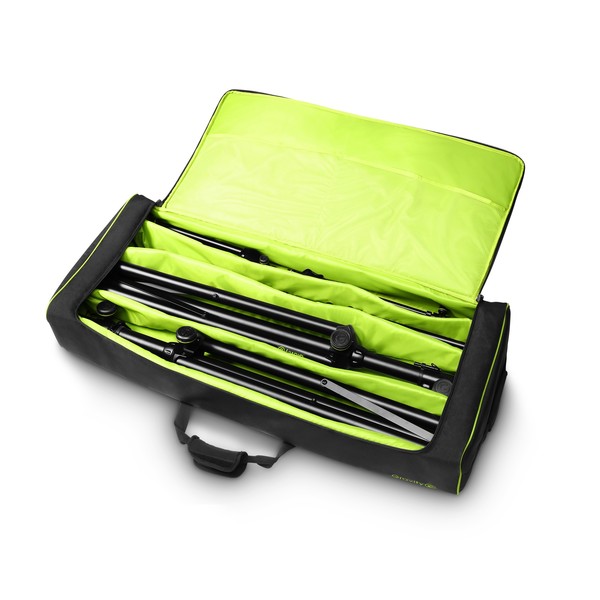 Gravity Stand Set With 2 Speaker and 2 Mic Stands in Transport Bag Open