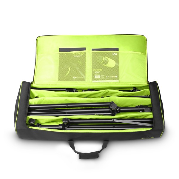 Gravity Stand Set With 2 Speaker and 2 Mic Stands in Transport Bag Open
