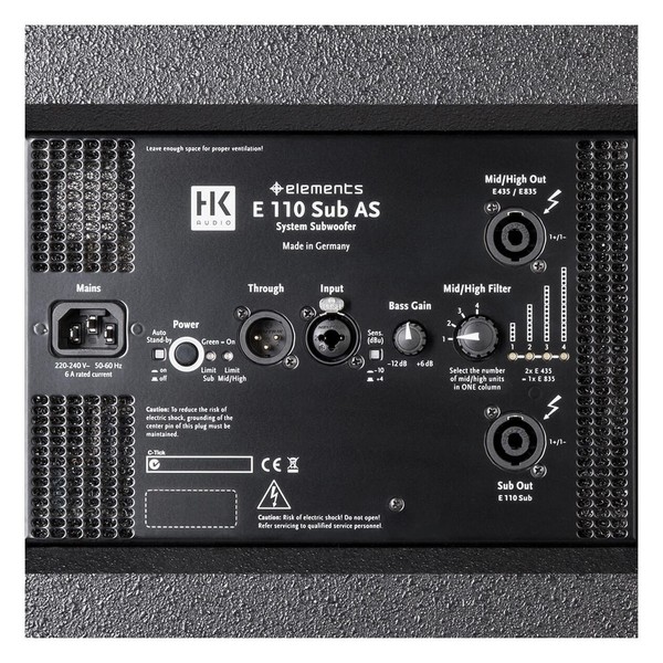 HK Audio Elements Smart Base Single Active Mono PA System, E 110 SUB AS Rear Connectivity and Controls