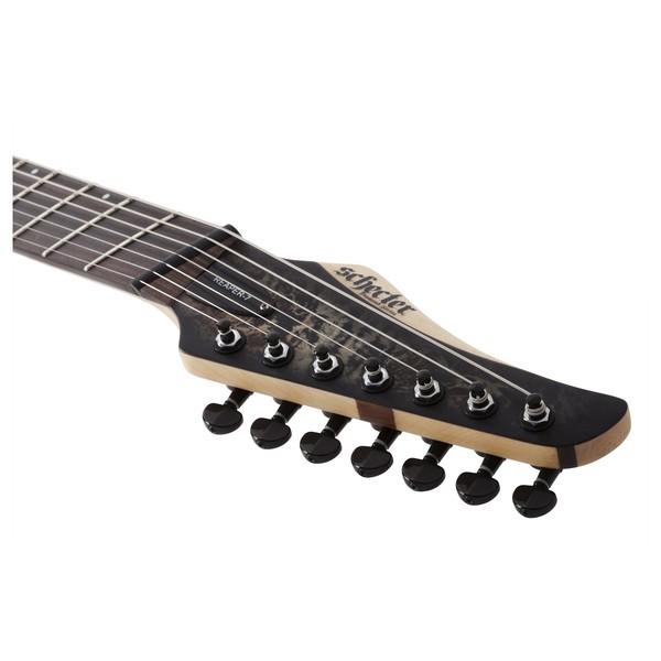 Schecter Reaper-7 Multiscale, Satin Charcoal Burst Headstock