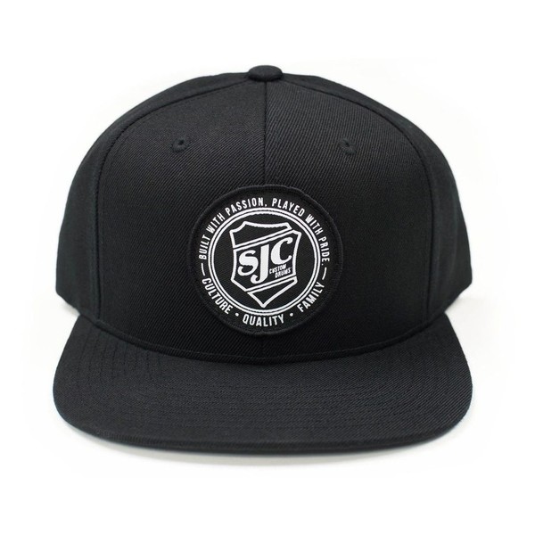 SJC Drums Snapback Hat, Black, Round Black Patch, White Text - Main Image