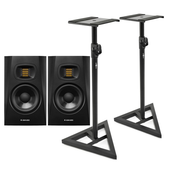 Adam Audio T5V Studio Monitors with Stands, Pair - Full Bundle
