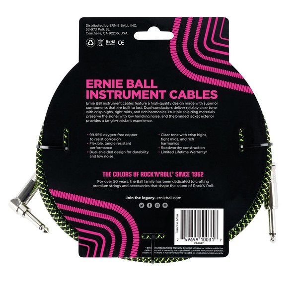 Ernie Ball 10ft Straight-Angle Braided Instrument Cable, Black/Green - Back