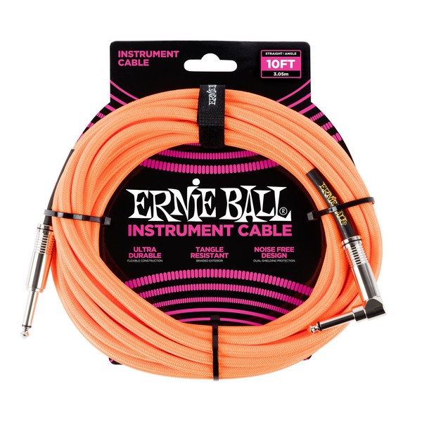 Ernie Ball 10ft Straight-Angle Braided Instrument Cable, Orange - Front