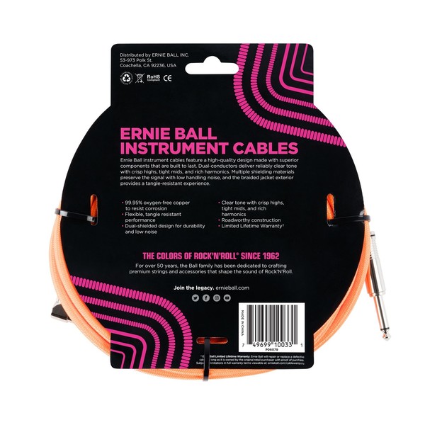 Ernie Ball 10ft Straight-Angle Braided Instrument Cable, Orange - Back