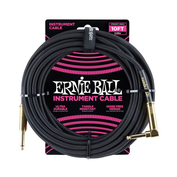 Ernie Ball 10ft Straight-Angle Braided Instrument Cable, Black/Gold - Front