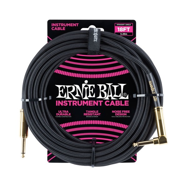 Ernie Ball 18ft Straight-Angle Braided Instrument Cable, Black/Gold - Front