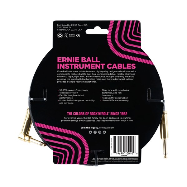 Ernie Ball 18ft Straight-Angle Braided Instrument Cable, Black/Gold - Back