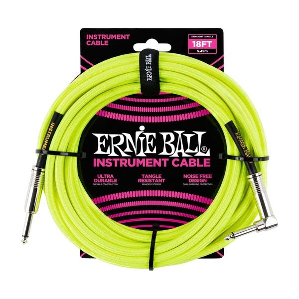 Ernie Ball 18ft Straight-Angle Braided Instrument Cable, Yellow - Front