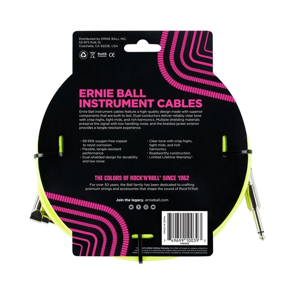 Ernie Ball 18ft Straight-Angle Braided Instrument Cable, Yellow - Back 