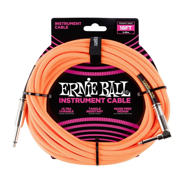 Ernie Ball 18ft Straight-Angle Braided Instrument Cable, Orange - Front